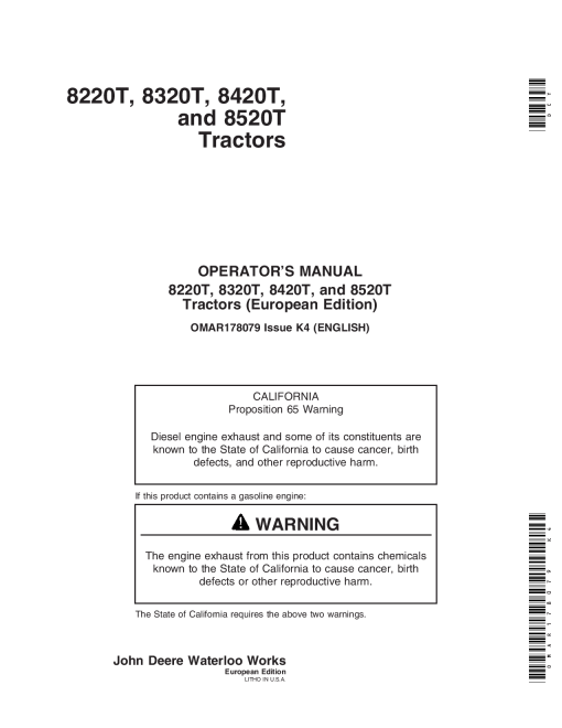John Deere 8220T, 8320T, 8420T, 8520T Tractors (Europe Region) OMAR178079 Operators and Maintenance Manual PDF Download