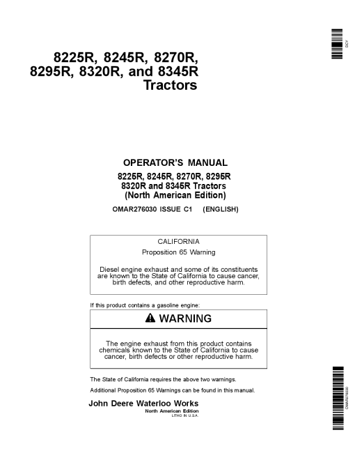 John Deere 8225R, 8245R, 8270R, 8295R, 8320R & 8345R Tractors North American Edition OMAR276030 Operators and Maintenance Manual PDF Download