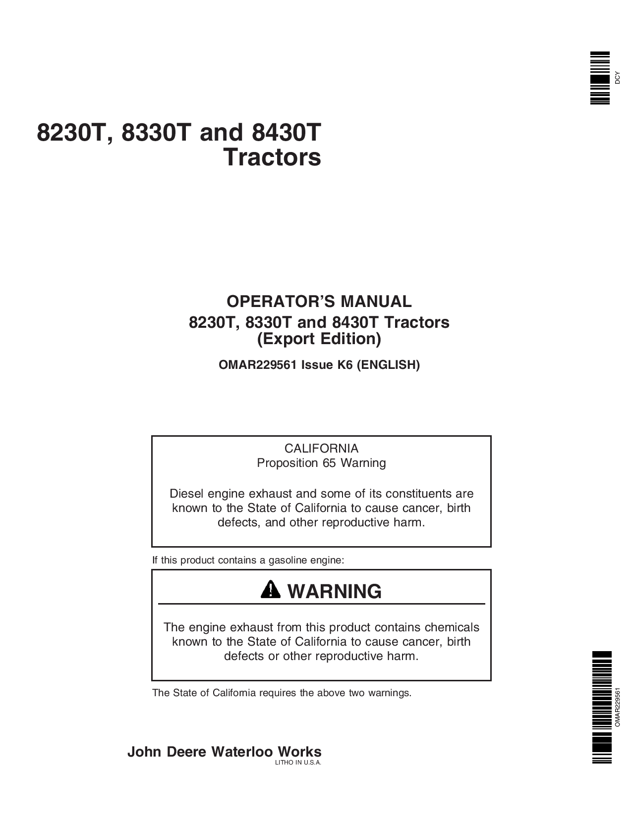 John Deere 8230T, 8330T, 8430T Row-Crop Tractors OMAR229561 Operators and Maintenance Manual PDF Download