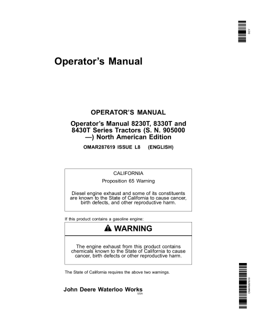 John Deere 8230T, 8330T and 8430T Tractors (905000-) OMAR287619 Operators and Maintenance Manual PDF Download