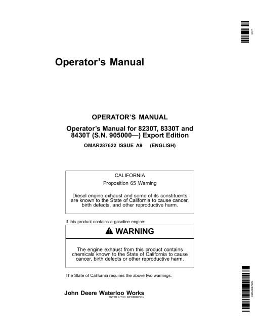 John Deere 8230T, 8330T and 8430T Tractors (905000-) OMAR287622 Operators and Maintenance Manual PDF Download