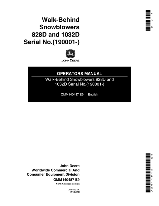 John Deere 828D, 1032D Walk-Behind Snowblowers (190001-) OMM140487 Operators and Maintenance Manual PDF Download