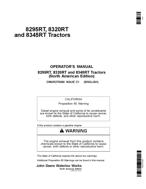John Deere 8295RT, 8320RT & 8345 RT Tractors North American Edtion (000000-912000) OMAR276060 Operators and Maintenance Manual PDF Download
