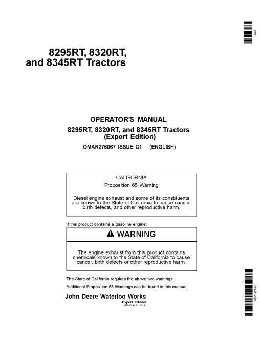John Deere 8295RT, 8320RT & 8345RT Tractors Export Edtion (902501 -912000) OMAR276067 Operators and Maintenance Manual PDF Download