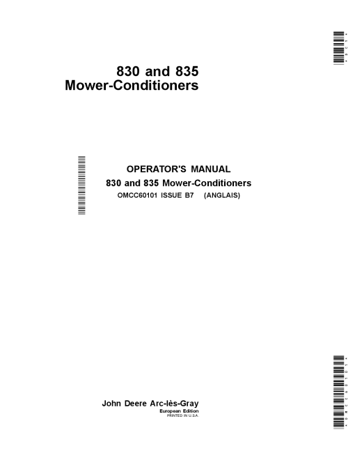 John Deere 830 & 835 Mower-Conditioners OMCC60101 Operators and Maintenance Manual PDF Download