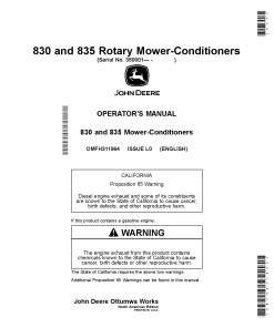 John Deere 830 and 835 Rotary Mower-Conditioners (350001-459999) OMFH311964 Operators and Maintenance Manual PDF Download