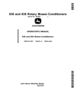 John Deere 830 and 835 Rotary Mower-Conditioners (361801-459999) OMFH311967 Operators and Maintenance Manual PDF Download