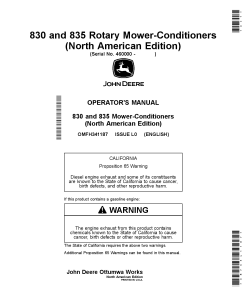 John Deere 830 and 835 Rotary Mower-Conditioners (460001-) OMFH341187 Operators and Maintenance Manual PDF Download