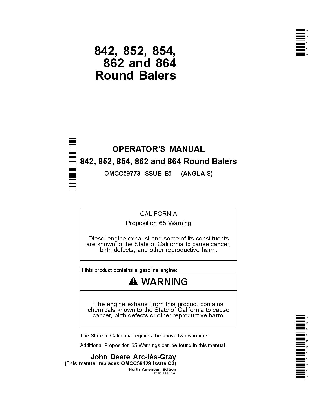 John Deere 842, 852, 854, 862 & 864 Round Balers North American Edition OMCC59773 Operators and Maintenance Manual PDF Download