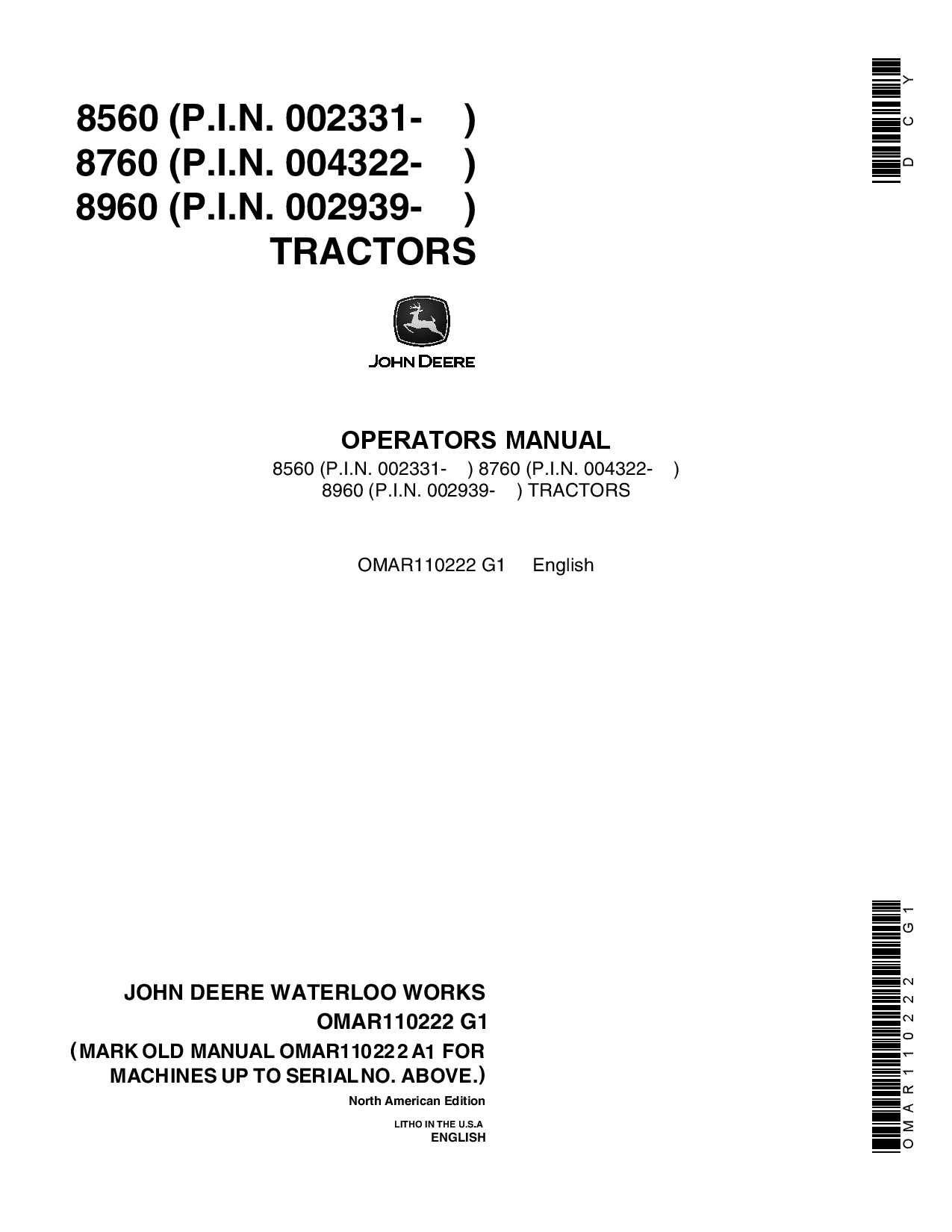 John Deere 8560 (002043-) , 8760 (003619-), 8960 (002561-) Tractors OMAR110222 Operators and Maintenance Manual PDF Download