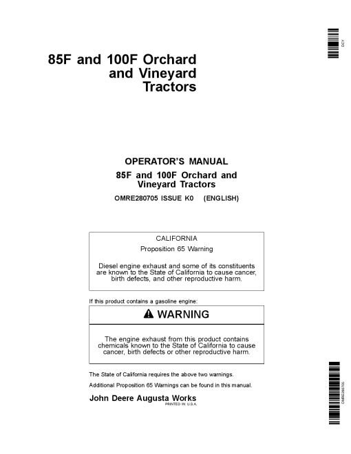 John Deere 85F and 100F Orchard and Vineyard Tractors OMRE280705 Operators and Maintenance Manual PDF Download