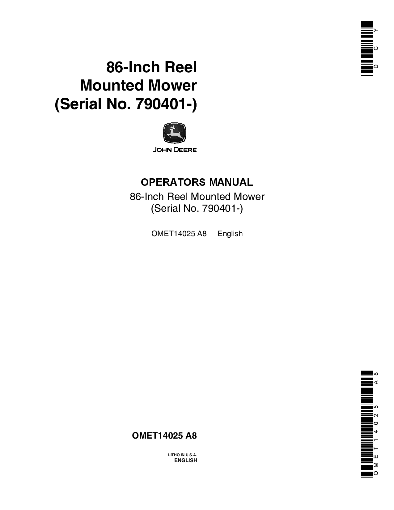 John Deere 86-Inch Reel Mounted Mower OMET14025 Operators and Maintenance Manual PDF Download