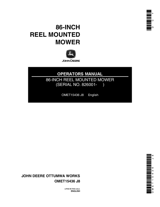 John Deere 86 Reel-Mounted Mower OMET15436 Operators and Maintenance Manual PDF Download