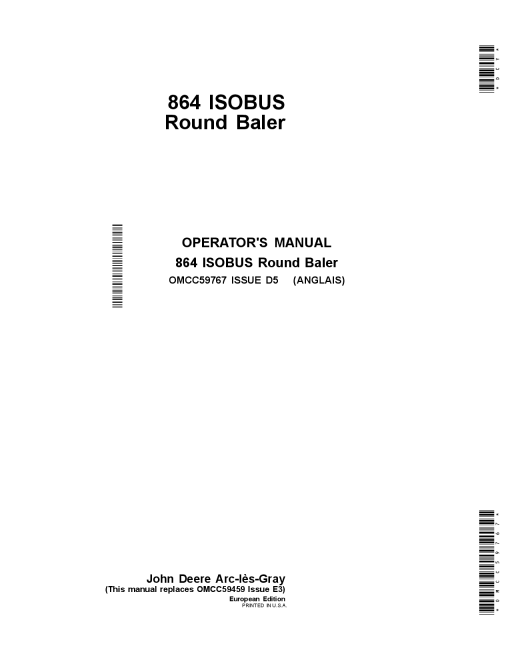 John Deere 864 ISOBUS Round Baler OMCC59767 Operators and Maintenance Manual PDF Download