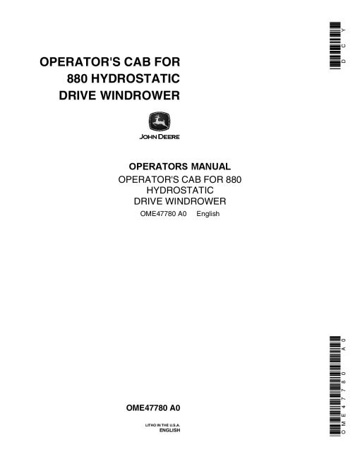 John Deere 880 Hydrostatic Drive Windrower OME47780 Operators and Maintenance Manual PDF Download