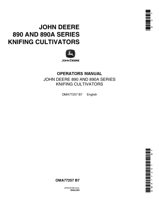 John Deere 890, 890A Series Knifing Cultivators OMA77257 Operators and Maintenance Manual PDF Download