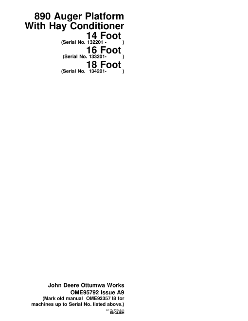 John Deere 890 Auger Platform With Hay Conditioner OME95792 Operators and Maintenance Manual PDF Download
