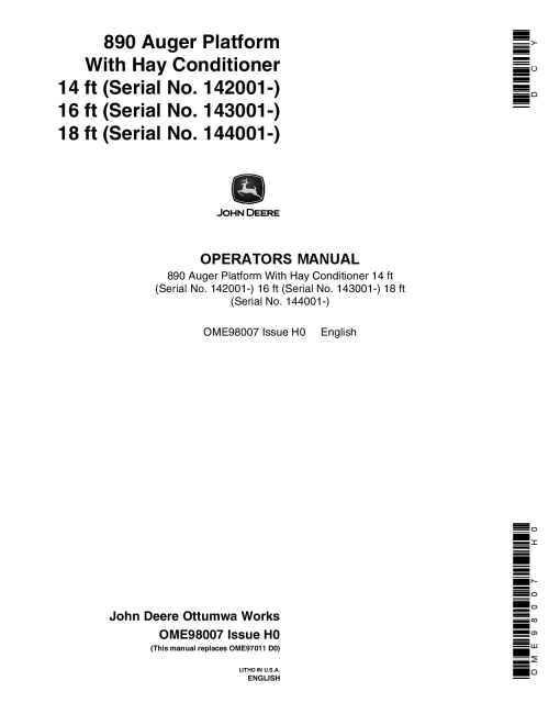 John Deere 890 Auger Platform With Hay Conditioner OME98007 Operators and Maintenance Manual PDF Download