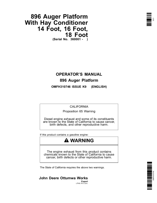 John Deere 896 Auger Platform Export Edition (360001-370000) OMFH310746 Operators and Maintenance Manual PDF Download