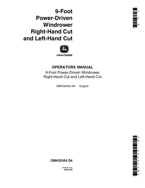 John Deere 9-Foot Power-Driven Windrower OMH32454 Operators and Maintenance Manual PDF Download