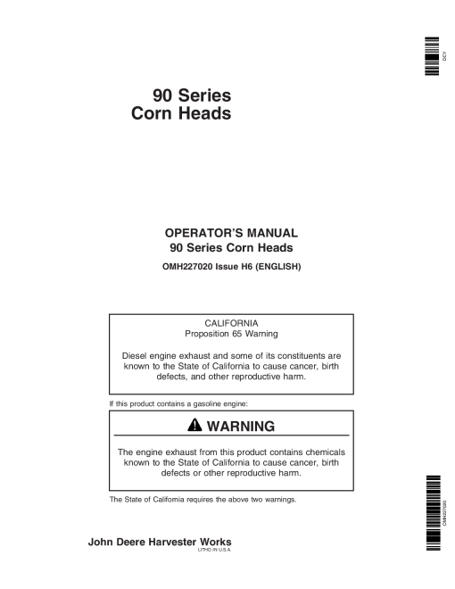John Deere 90 Series Corn Heads OMH227020 Operators and Maintenance Manual PDF Download