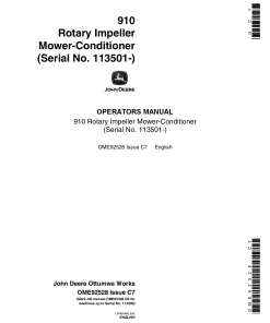 John Deere 910 Rotary Impeller Mower Conditioner (113501-) OME92528 Operators and Maintenance Manual PDF Download