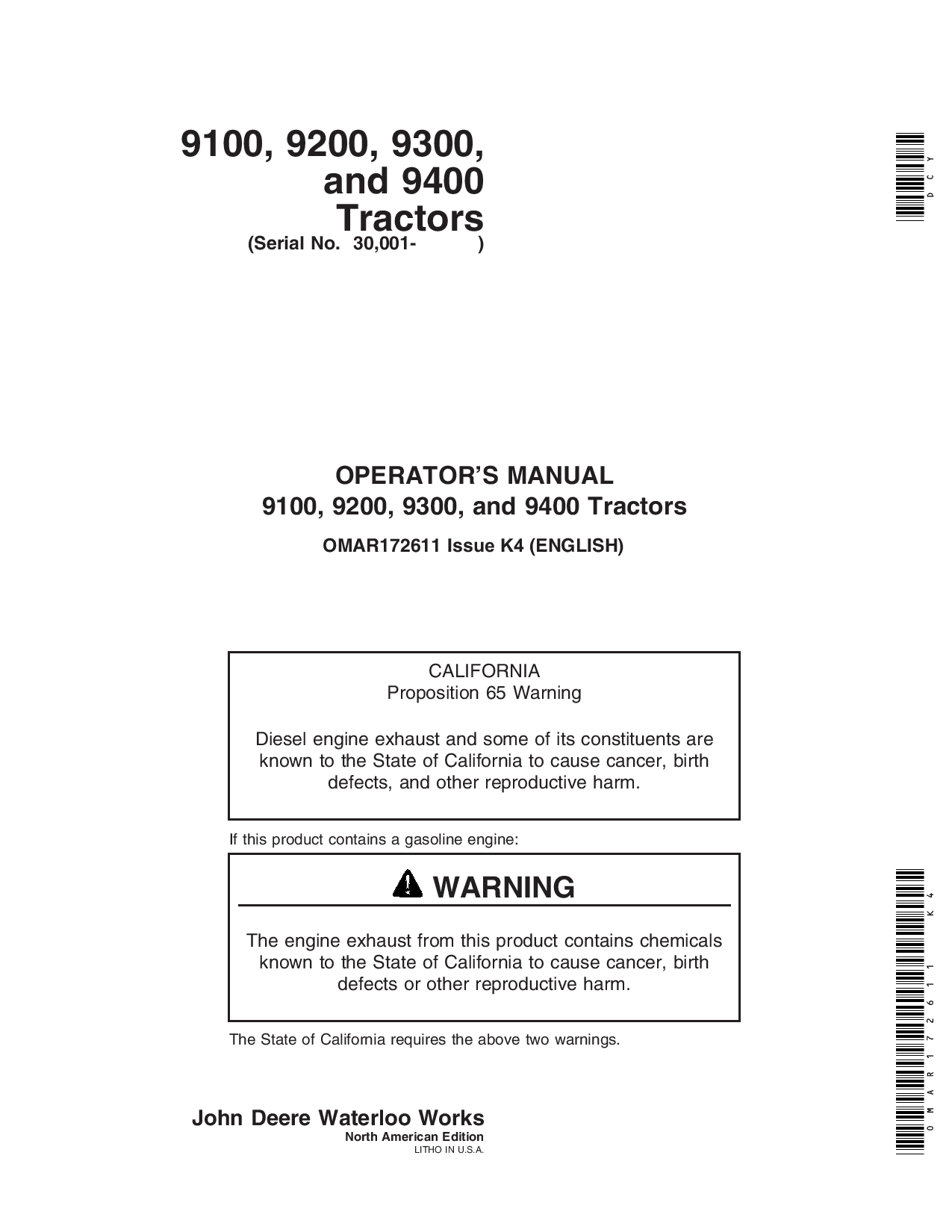 John Deere 9100, 9200, 9300, 9400 Tractors (030001 -) OMAR172611 Operators and Maintenance Manual PDF Download