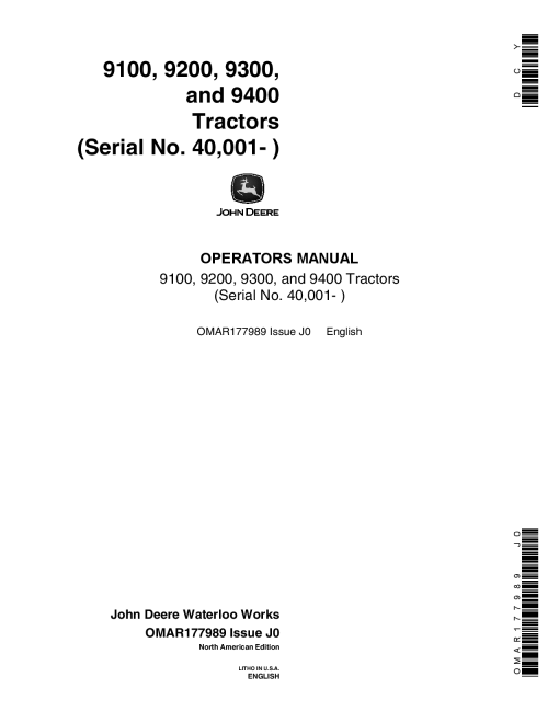 John Deere 9100, 9200, 9300, 9400 Tractors (040001 -) OMAR177989 Operators and Maintenance Manual PDF Download