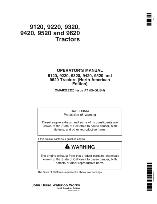 John Deere 9120, 9220, 9320, 9420, 9520, 9620 Tractors (010001-) OMAR228220 Operators and Maintenance Manual PDF Download