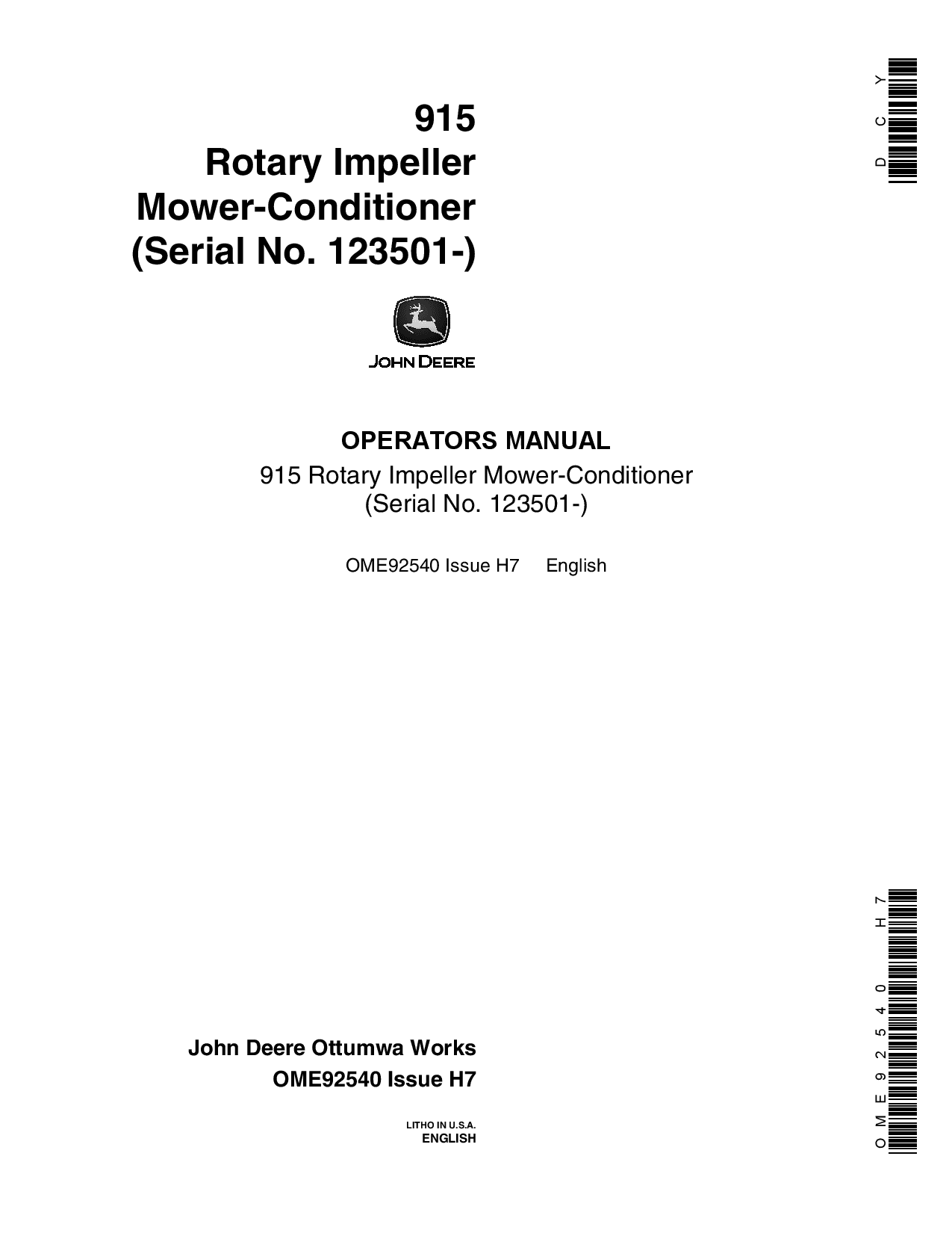 John Deere 915 Rotary Impeller Mower Conditioner North American Edition (123501-132550) OME92540 Operators and Maintenance Manual PDF Download