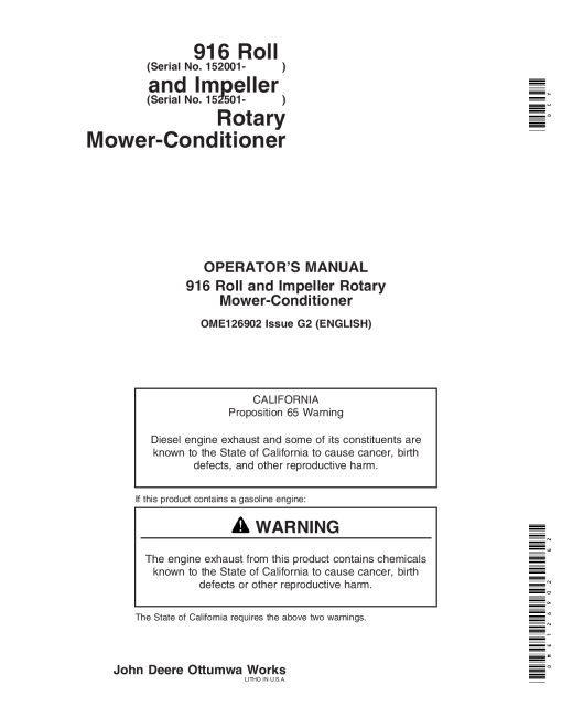 John Deere 916 Roll (152001-), Impeller (152501-) Rotary Mower Conditioners OME126902 Operators and Maintenance Manual PDF Download