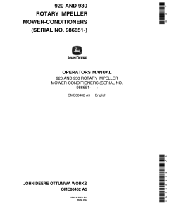 John Deere 920, 930 Rotary Impeller Mower Conditioner OME86462 Operators and Maintenance Manual PDF Download
