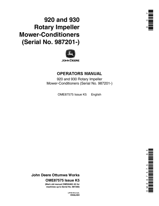 John Deere 920, 930 Rotary Impeller Mower Conditioner OME87575 Operators and Maintenance Manual PDF Download