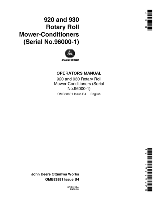 John Deere 920, 930 Rotary Roll Condtioner Mower OME83881 Operators and Maintenance Manual PDF Download