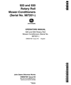 John Deere 920, 930 Rotary Roll Mower Conditioner OME87581 Operators and Maintenance Manual PDF Download