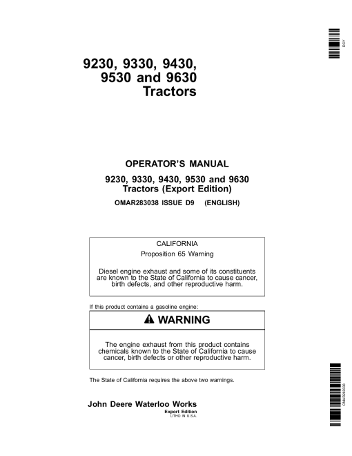 John Deere 9230, 9330, 9430, 9530 & 9630 Tractors OMAR283038 Operators and Maintenance Manual PDF Download