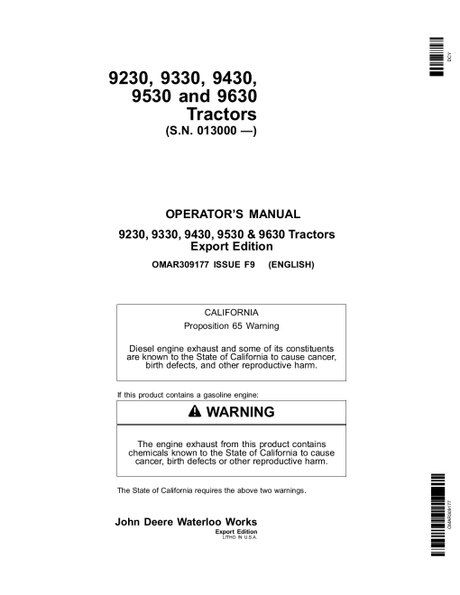 John Deere 9230, 9330, 9430, 9530 and 9630 Tractors (013000-) OMAR309177 Operators and Maintenance Manual PDF Download
