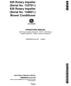 John Deere 925 (133701-), 935 (134601-) Rotary Impeller Mower Conditioners OME95638 Operators and Maintenance Manual PDF Download