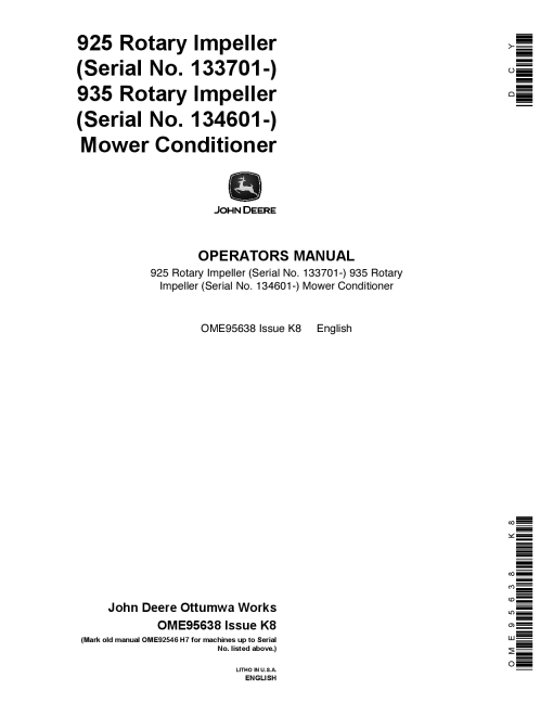 John Deere 925 (133701-), 935 (134601-) Rotary Impeller Mower Conditioners OME95638 Operators and Maintenance Manual PDF Download