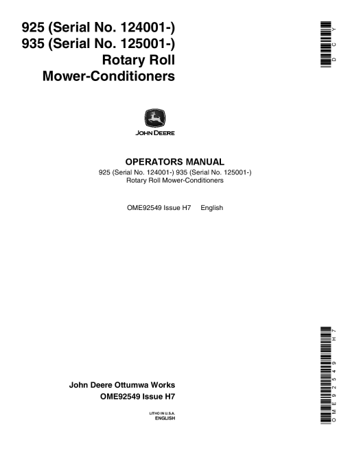 John Deere 925, 935 Mower Conditioners OME92549 Operators and Maintenance Manual PDF Download