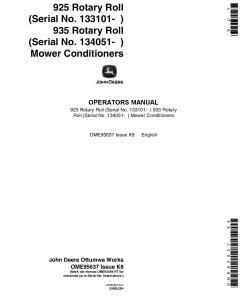John Deere 925, 935 Rotary Roll Mower Conditioners OME95637 Operators and Maintenance Manual PDF Download