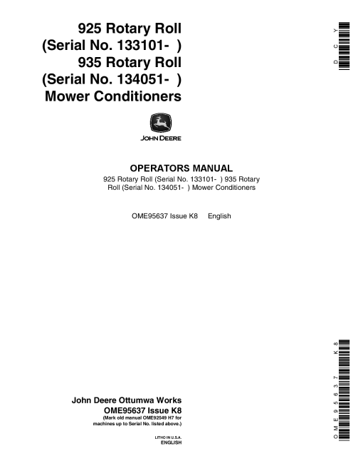 John Deere 925, 935 Rotary Roll Mower Conditioners OME95637 Operators and Maintenance Manual PDF Download