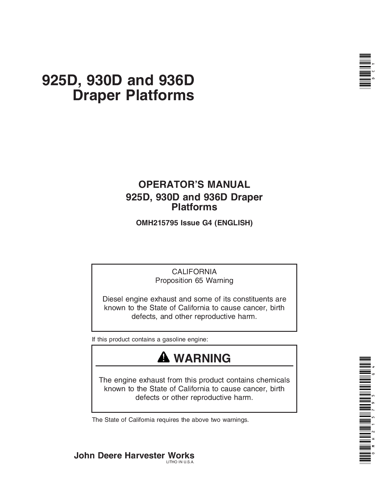 John Deere 925D, 930D, & 936D Draper Platforms North American Edition (710701-715700) OMH215795 Operators and Maintenance Manual PDF Download