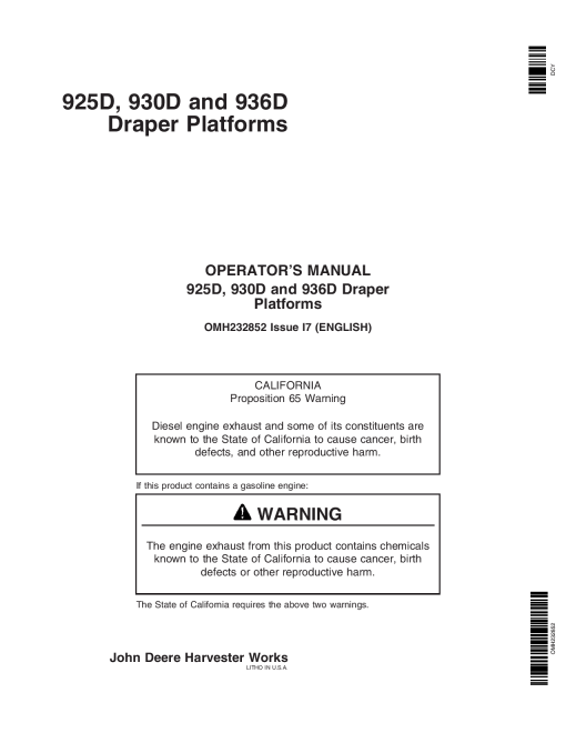 John Deere 925D, 930D, & 936D Draper Platforms North American Edition (725101-755000) OMH232852 Operators and Maintenance Manual PDF Download