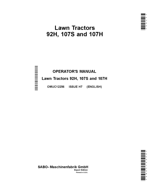 John Deere 92H, 107H &107S Lawn Tractors OMUC12256 Operators and Maintenance Manual PDF Download