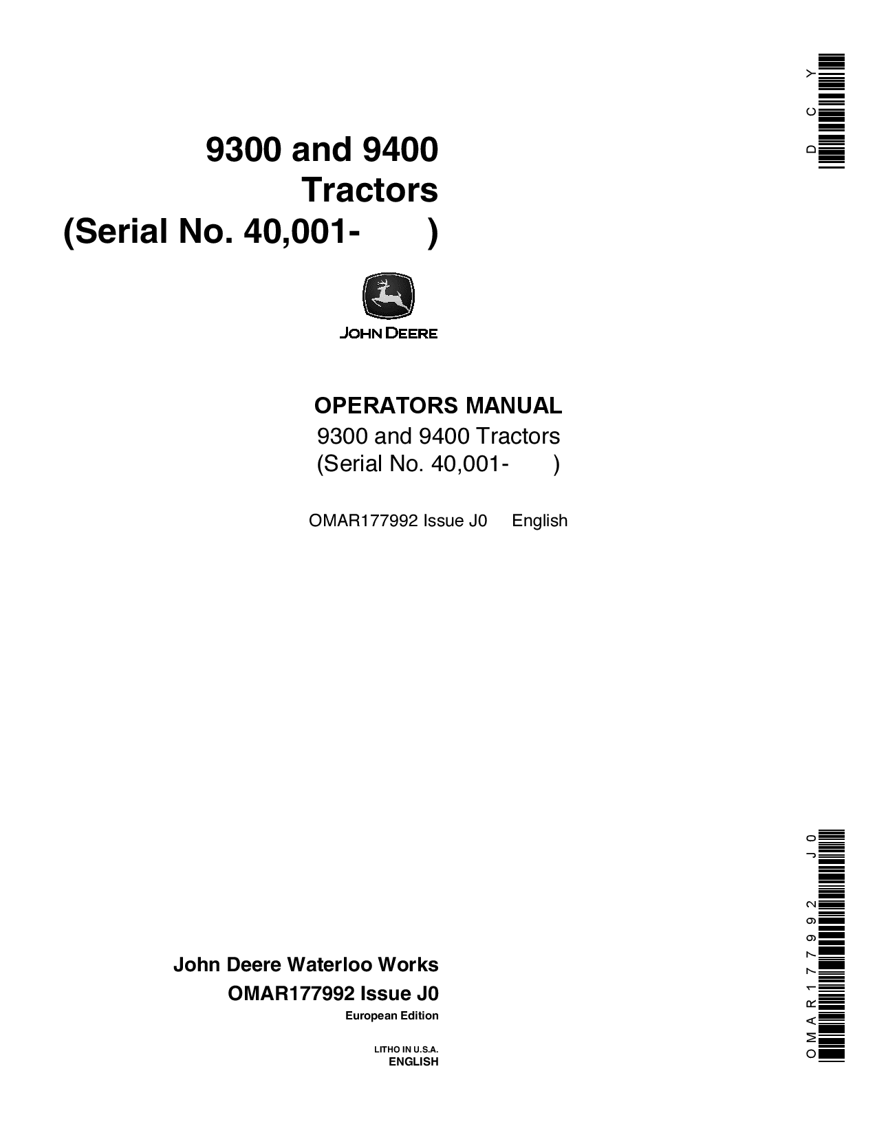 John Deere 9300, 9400 Tractors (040001-) OMAR177992 Operators and Maintenance Manual PDF Download