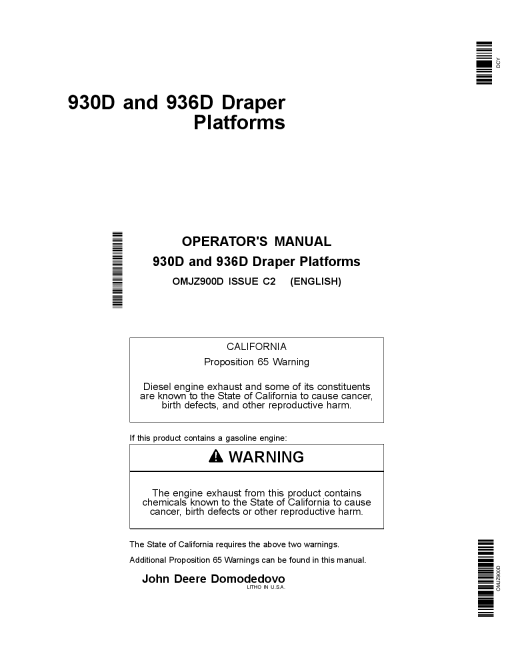 John Deere 930D & 936D Draper Platforms Export Edition (686151-740100) Assembled in Domodedovo, Russia OMJZ900D Operators and Maintenance Manual PDF Download