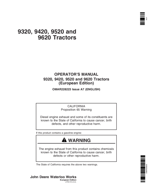John Deere 9320, 9420, 9520, 9620 Tractors OMAR228223 Operators and Maintenance Manual PDF Download