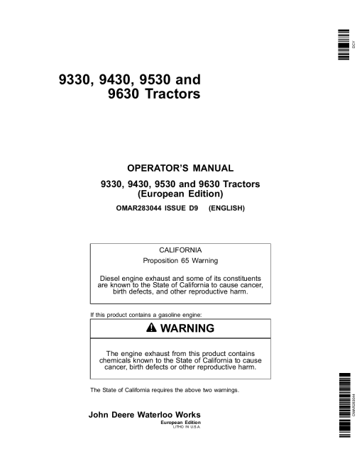 John Deere 9330, 9430, 9530, 9630 Tractors OMAR283044 Operators and Maintenance Manual PDF Download