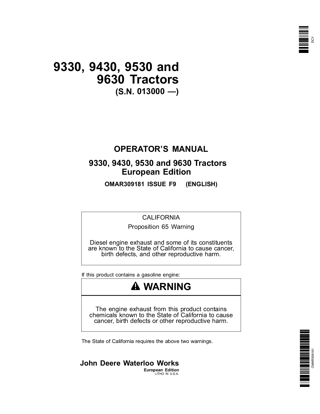 John Deere 9330, 9430, 9530 and 9630 Tractors (013000-) OMAR309181 Operators and Maintenance Manual PDF Download
